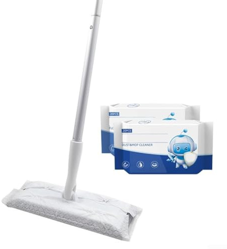 Kit de trapeador plano y toallitas húmedas 2 en 1, sistema de limpieza de pisos sin lavado para madera dura, para azulejos, cocina, baño, almohadilla reutilizable, blanco (B)