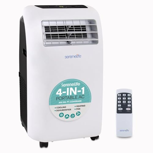 SereneLife Klimaanlage mobil 4-in-1: Luftkühler, Ventilator, Luftentfeuchter + Heizung – Tragbares Klimagerät mit Abluftschlauch, Fernbedienung & Kit für Räume bis 42 m² – Fenster-Montage 9,000 BTU