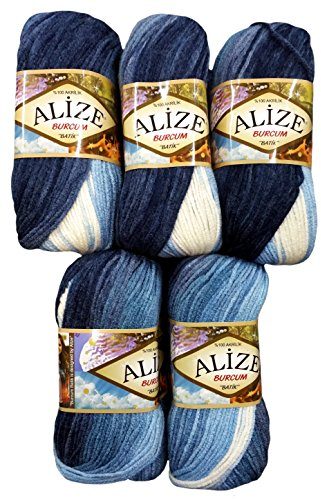 Alize Burcum Batik 5 x 100 Gramm Wolle Mehrfarbig mit Farbverlauf, 500 Gramm Strickwolle (dunkelblau hellblau 1899)