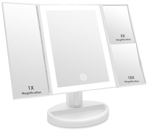 Auxmir Schminkspiegel mit Beleuchtung, 10X/5X/1X Kosmetikspiegel Vergrößerungsspiegel mit Licht & 3 Lichtfarben, Faltbar Spiegel mit Beleuchtung und Dimmbar LED Licht, USB Wiederaufladbar, Weiß
