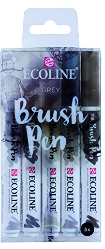 Ecoline Brush Pen-Set mit 5 flüssigen Aquarellstiften – Graufarbtöne | Mischbare Pinselstifte für Handlettering, Zeichnen und Basteln