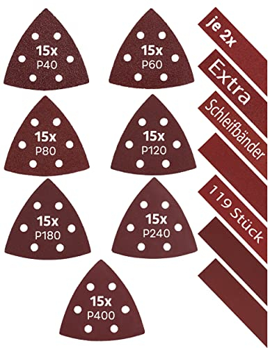 KSP-Tec│105 Stück Delta-Schleifdreiecke + 14 Schleifstreifen │93 x 93 x 93 mm │Deltaschleifer Schleifpapier Dreieckschleifer│Klett Schleifpads Multischleifer (93 x 93 x 93mm)