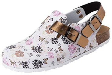CLINIC DRESS Clog - Clogs Damen bunt weiß Motiv. Schuhe für Krankenschwestern, Ärzte oder Pflegekräfte weiß/Kupfer/Rose, Blumen und Schmetterlinge 39