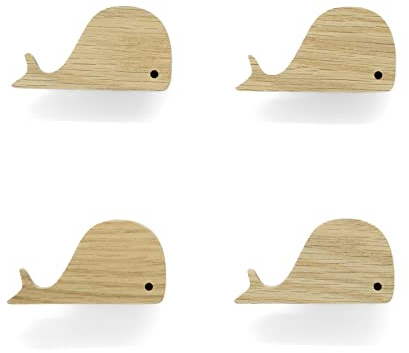 PLT 4 Stück Tierische Griffe für Kindermöbel aus unbehandeltem Eichenholz im Wal-Motiv, Knauf, Knopf für Kommode, Schrank, Schublade, Tür, Kinderzimmer, Geschenk (4, Wal)
