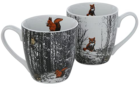 BOLTZE 2 x Becher Waldi Porzellan 480 ml Fuchs und Eichhörnchen
