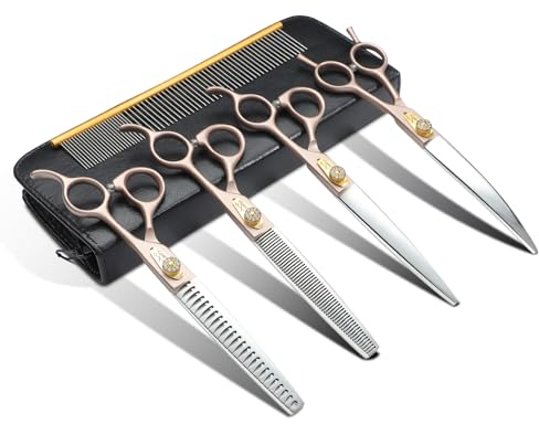 JASON Profi Hundeschere Set 6 in 1 Fellschere für Hunde Set - 7,5 Zoll Gerade/Gebogene/Chunker Ausdünnung Schere mit ergonomischen Griff, Roségold