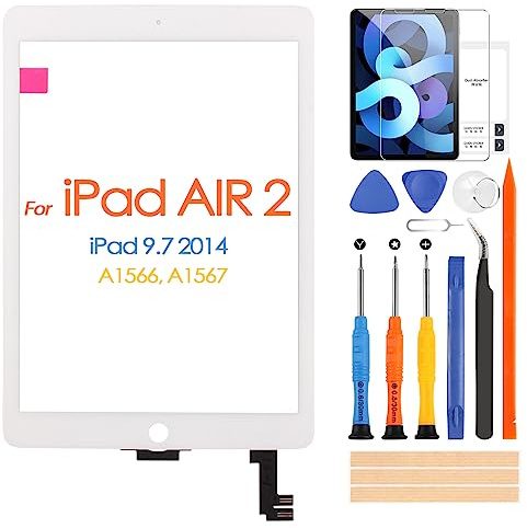 ARSSLY Écran tactile pour iPad 6 Air 2 9,7 A1566 A1567 Verre pour iPad Air 2 Digitizer Écran Panneau Verre avec Film Trempé Gratuit, Réparation Kit (Non LCD Affichage) (Blanc)