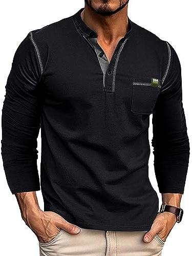RQPYQF Maglietta da Uomo Manica Lunghe Casuale Henley Shirt Uomo t Shirt Vintage Uomo CS02 Taglia S-XXL (Nero, XXL)