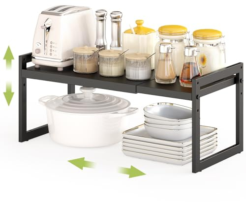DOLALIKE Expandable kitchen Countertop Organizer, Stackable Cabinet Shelf Organizers, Space Saving Spice Rack Pantry Storage for Bathroom Office (Black, 1 Pack)