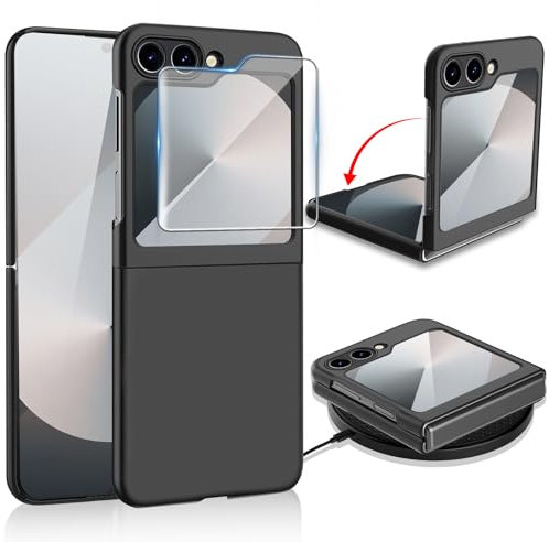 Handyhülle für Samsung Galaxy Z Flip 6 Hülle 5G mit Displayschutzfolie, Original Dünn Folable Matt PC Galaxy Z Flip 6 Panzerhülle Handytasche Case Stoßfest Schutzhülle für Samsung Z Flip6 (Schwarz)