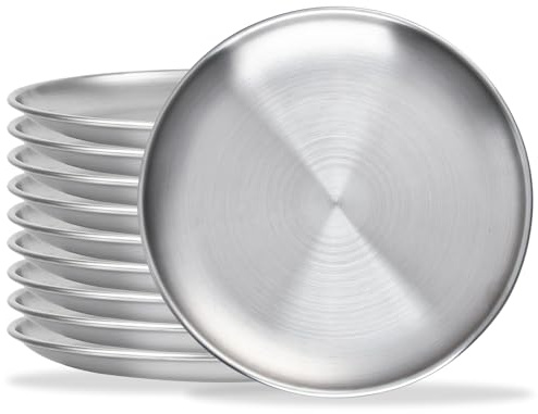 8 Inch Metal Plates,20 cm Round Stainless Steel Serving Platter Plate,10Pcs | Unbreakable Dinner Dishes,Rust Resistant Silver Camping Plate Tray for Food,Barbecue,Picnics and Outdoo