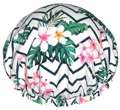 Wiederverwendbare Duschhaube für Damen, Cartoon-Blumen-Flamingo-Badehaube, doppellagig, wasserdicht, Dusch-Haarschutz, verstellbares Gummiband, Duschhut für Home-Spa-Salon, Badehauben