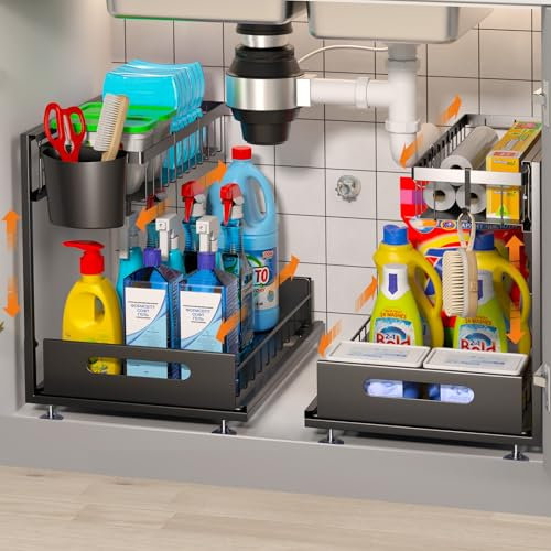 SHOWY SKY Metal Under Sink Storage Kitchen Organiser-2 Pack adjustable Sliding Shelf with Hooks and Hanging Cup, L-shape Narrow Space Storage (Black)