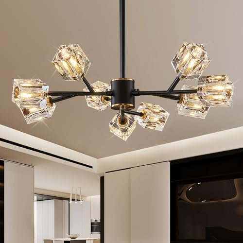 JUJUQI Moderne Kristall Kronleuchter, Schwarze und Gold Vintage Hängeleuchte, Pendelleuchte Esstisch 9 Flammig, Luxus K9 Kristall Sputnik Kronleuchter für Esszimmer Küche Schlafzimmer