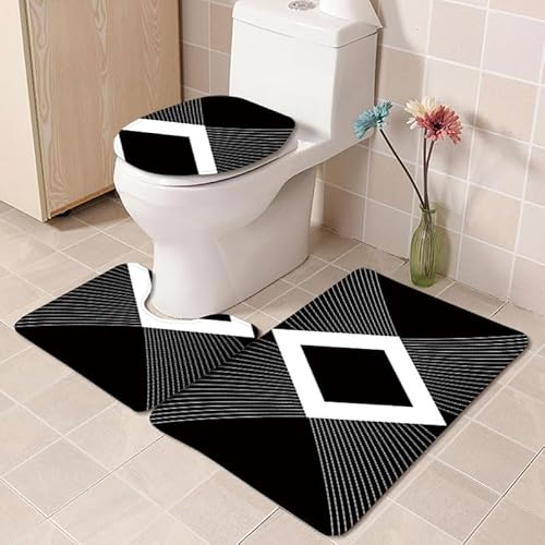 Alfombra Baño Geometría Blanca Y Negro Alfombra Absorbe Agua Antideslizante Bath Mat Contorno en Forma de U y Tapa para Tapa Inodoro Set 3 Piezas Lavable Alfombrilla Baño 45x75 cm