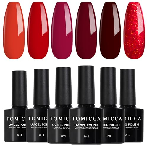 TOMICCA Gel Nail Polish Set, 6 Colors Red Burgundy Glitter Gel Polish, Soak Off UV/LED Burgundy Dark Red Gel Varnish for DIY Home Salon Manicure Nail Art