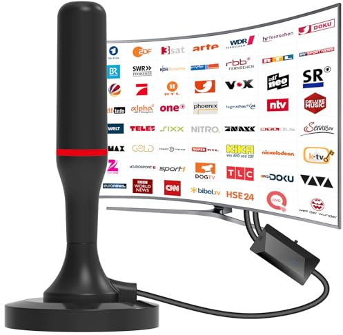 Antenna DVB-T/DVB-T2 HD, antenna TV per Smart TV con amplificatore e base magnetica per ricezione HD a 360°. Supporta 4K/1080P. Tutti i dispositivi TV DAB/UHF/VHF (cavo da 3 metri)