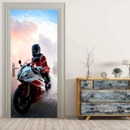Türtapete Selbstklebend 86x200 Fenster Türfolie Türposter Motorrad Extremsport Türklebefolie Wandbild Türaufkleber Wandtapete 3D Effekt für Wohnzimmer Schlafzimmer Küche