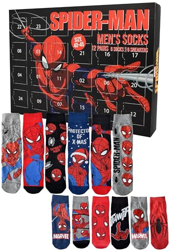 United Labels Marvel Spiderman Calendario dell'Avvento con 12 paia di calzini da uomo, taglia 40-45, calendario con sneakers e calzini lunghi, calendario natalizio regalo