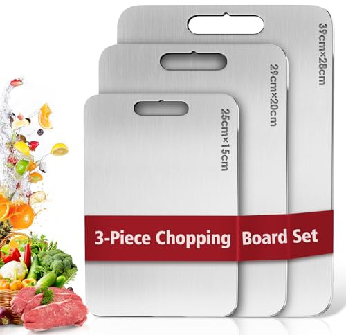 3 Piezas Tabla de Cortar de Titanio,S316 Tabla de Cocina Acero Inoxidable, Cutting Board de Grado Alimenticio de Doble Cara, para Cortar,Carne,Verdura,Frutas(39 x 28 cm +29 x 20 cm+ 25 x 15 cm）