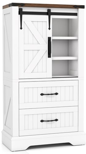 COSTWAY Armoire de Rangement Rustique, Meuble de Salle de Bain avec Portes de Grange Coulissante, Étagères Réglables et 2 Tiroirs, Organiseur de Rangement en Bois pour Salon, Cuisine, Blanc + Noyer