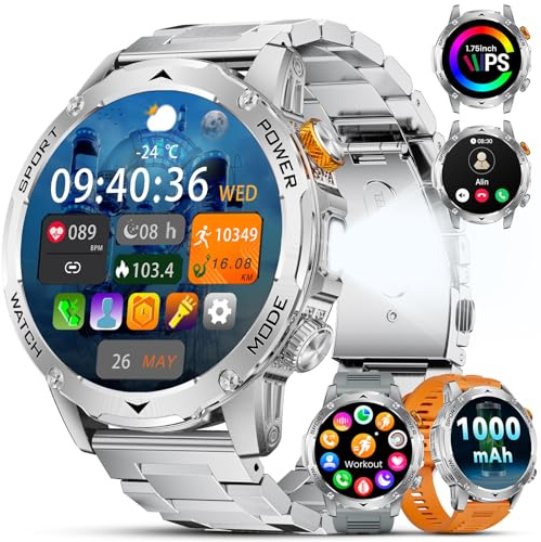 DREMAC Montre Connectée Homme Appels Bluetooth/1000 mAh Batterie,Smartwatch avec Torche/130+ Modes Sportifs,IP68 Étanche Fitness Tracker avec Moniteur de Fréquence Cardiaque/Sommeil, pour Android iOS