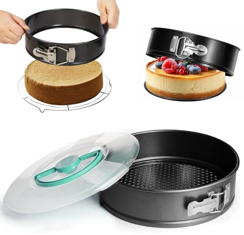 Springform 26 cm Rund mit Deckel, Ø 26 cm Runde Backform Antihaft Kuchenform mit Abnehmbar Flachboden, Tragbarer Tortenform Kuchenbackform mit Antihaftbeschichtung für Käsekuchen Biskuit & Dessert
