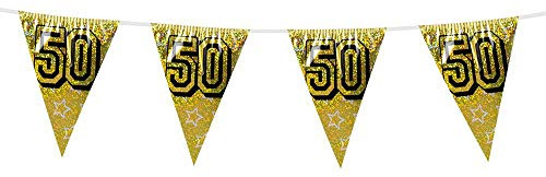 Boland 30051 Holographic Bunting Number 50, 1 Piece, Length 800 cm, Gold, Flag Chain, Stars, Hanging Decoration, Multi-Coloured, Garland, Theme Party, Birthday, Anniversary