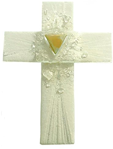 kruzifix24 Kunsthandwerk Glaskreuz Wandkreuz Kinderkreuz Taufkreuz Strahlen des Lebens weiß Fusingglas/Blattgold 12 x 8,5 x 0,4 cm Schmuckkreuz Glaskunst Unikat