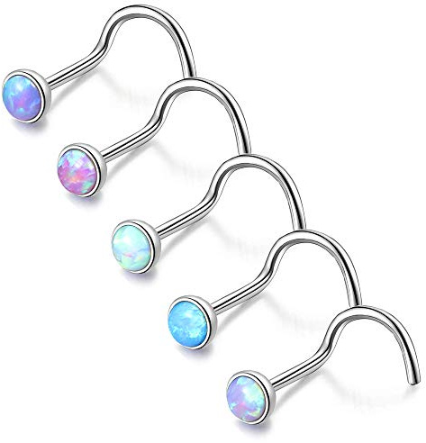 ZS 5-9 Stück Blue Opal Nasenstecker 20 Gauge Nase Pin L-Form Nasenpiercing Nasenring Edelstahl Nasenpiercing Spirale (5PCS Nasenpiercing Spirale)