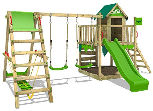 FATMOOSE Spielturm Klettergerüst JazzyJungle Jam XXL mit SurfSwing, Schaukel & apfelgrüner Rutsche, Outdoor Kinder Kletterturm mit Sandkasten Leiter & Spiel-Zubehör für den Garten