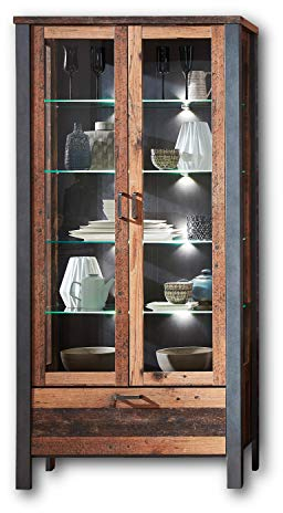 Stella Trading CARDIFF Vintage Vitrine in Used Style Optik (dark) - ausdrucksstarke Retro Glasvitrine inkl. LED Beleuchtung - 94 x 194 x 40 cm (B/H/T)