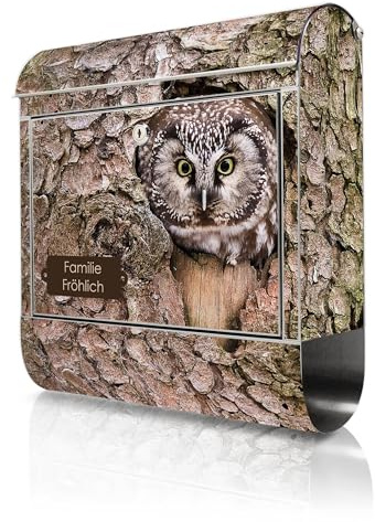 banjado Briefkasten Edelstahl personalisiert 38x43x12cm & 2 Schlüssel - rostfreier Edelstahl Briefkasten mit Zeitungsfach - Postkasten A4 Einwurf inkl. Montagematerial - Motiv Eule