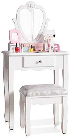 Jooli H Coiffeuse blanche pour enfants avec miroir et tabouret, miroir rabattable en forme de cœur et 3 tiroirs, bureau de maquillage pour filles de 3 à 9 ans