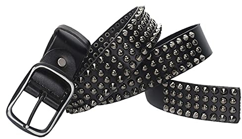 3 Reihen Kegelspitzen Nietengürtel Rindsleder Ledergürtel Nieten Kugel Studs Punk Silberfarbener Dornschließe Gürtel Herren & Damen für Jeans, Hosen,Schwarz,110cm(36~38)