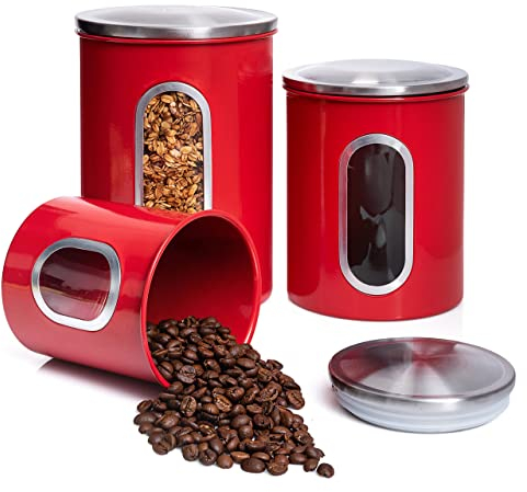 Mixpresso 3-teiliges rotes Dosen-Set für die Küche, luftdichtes Dosen-Set mit durchsichtigem Fenster, Vorratsdosen für Kaffeedose, Tee-Organizer und Zuckerdose, rote Küchenbehälter