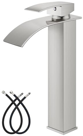 gotonovo Waterfall Tall Bathroom Faucet 1 Hole Single Handle Stainless Steel Vessel Sink Faucet with cUPC Hoses Modern Lavatory Mixer Tap, Brushed Nickel