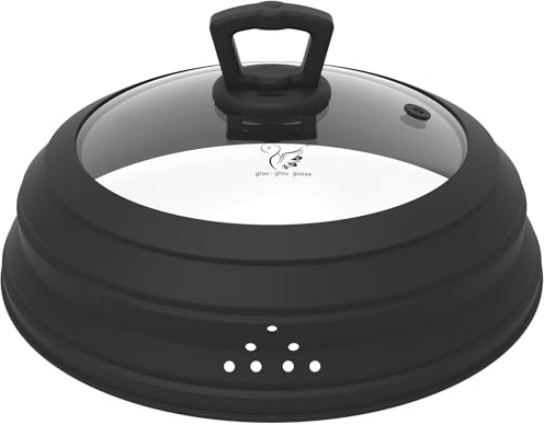 Microwave Splatter Cover Vented Glass Guard Lid with Collapsible Silicone for Food as Pot Cover 11.8 inch Large Plate for 6 7 8 9 10 11 inch Plate Bowl