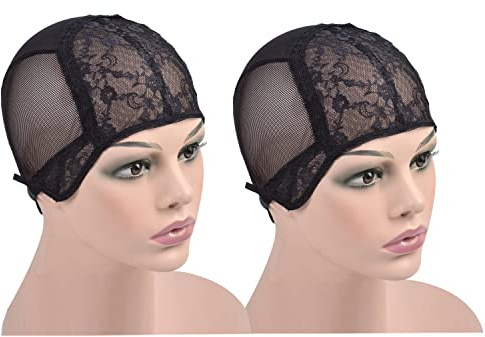 2 Stück Doppelte lace Perückenkappe mit verstellbaren Trägern auf der Rückseite for Making Wigs (Schwarz S)