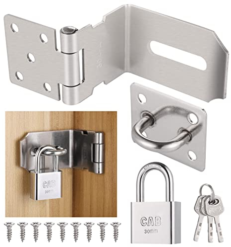 Door Hasp and Staple with Padlock, 90-Degree Door Lock with Keys and Screws, Stainless Steel Garden Gate Lock, Bedroom Door Lock Extra Security, Gate Lock for Shed Door Wooden Gate Storage Box