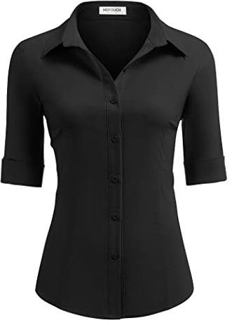 HOTOUCH Black Button Down Shirt Women Slim Fit 3/4 Sleeve Stretch Button Up Blouse Wrinkle Free Dress Shirt (Black XXL)