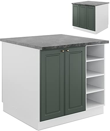 Vicco Kücheninsel Fame-Line, Grün-Gold Landhaus/Weiß, 90 cm | MDF-Front · 6 Einlegeböden · Höhenverstellbare Füße · Metallgriffe · Soft-Close