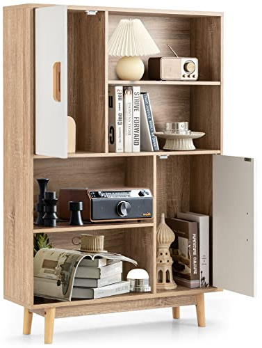 GIANTEX Bibliothèque Scandinave, Meuble de Rangement avec 2 Portes et 4 Casiers, Étagère de Rangement Dispositif Anti-Basculement,pour Salon, Chambre, Bureau, 24 x 80 x 119,5 cm (Blanc+Naturel)