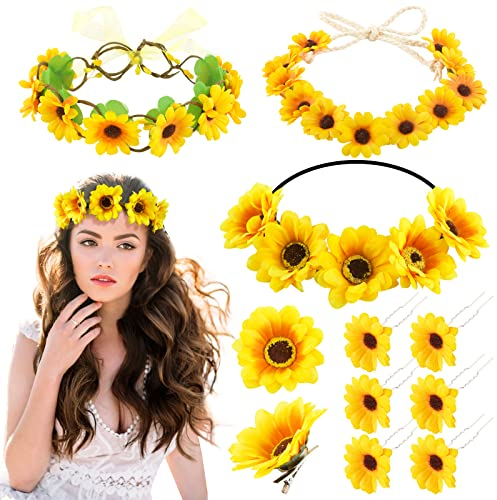 BETESSIN 3Pcs Blumen Haarband Damen Mädchen Sonnenblumen Stirnband mit 8x Gänseblümchen Haarspangen Haarnadeln Blumen Haarschmuck Hochzeit Reise Strand Fotografie Karneval Copslay Party