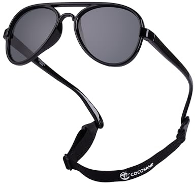 COCOSAND Gafas de sol estilo aviador con correa polarizadas, flexibles, retro, piloto para bebés de 0 a 24 meses, Negro (bebé), Small (Age 2-6)