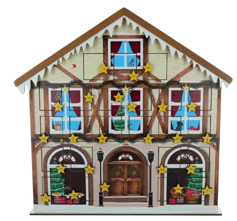Spieluhr/musikalischer Adventskalender aus Holz in Form eines Hauses mit 18-Ton Federspielwerk und Licht - Stille Nacht, heilige Nacht (Franz Xaver Gruber).