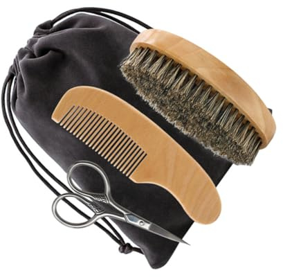 FRCOLOR Kit de Barbe pour Homme Brosse à Barbe en Poil de Sanglier et Accessoires en Bois, Confortable et Doux, Fête des Pères
