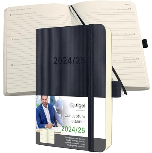 SIGEL C2507 Wochenplaner Wochenkalender 2024/2025, ca. A6, schwarz, Softcover, 240 Seiten, Gummiband, Stiftschlaufe, Archivtasche, aus nachhaltigem Papier, 18-Monatskalender, Conceptum