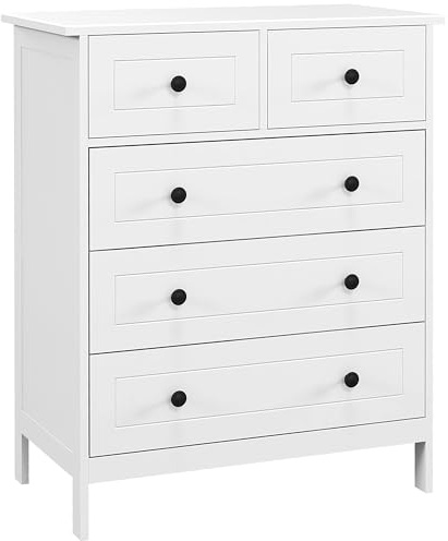 HOMCOM Cajonera de Dormitorio Cómoda Blanca de 5 Cajones con Manijas Cajonera Alta para Salón Oficina Estudio Estilo Moderno 74x40x91 cm