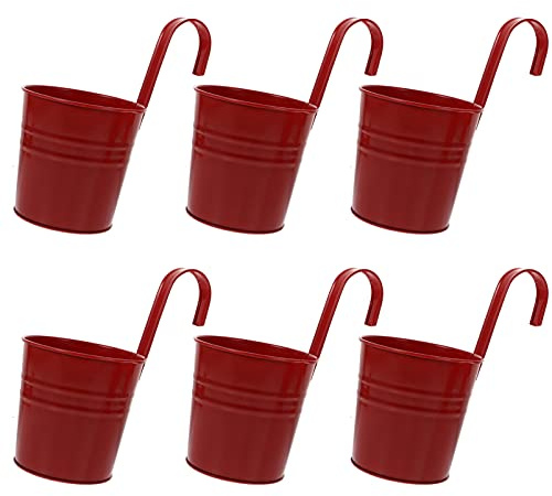 Mipcase Lot de 6 Pots de Fleurs Suspendus en Métal Trou de Vidange Forme Seau pour Décoration Intérieure et Extérieure Rouge